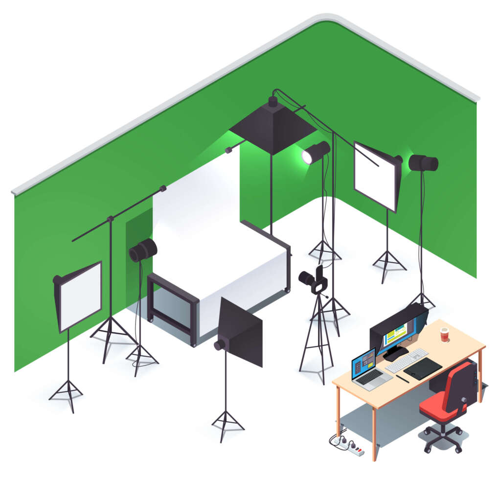 hotography studio room interior & equipment. Photo camera, lights, stands, white & green choma key background setup, shooting table, retouch pc desk. Flat isometric vector illustration
